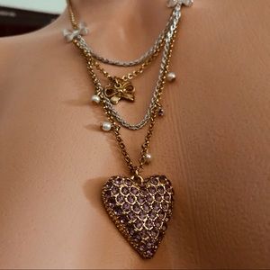 Crystal heart charm necklace Betsey Johnson rhinestone N4 valentine layering nwt
